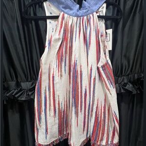 THML Red and Blue Sleeveless Halter Top with Back Tie & Fringed Bottom